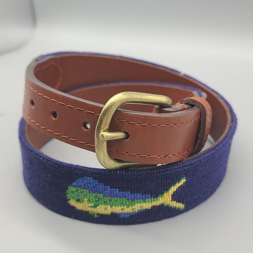 Smathers & Branson belt Needlepoint Mahi Leather Canvas Brass Buckle USA Sz 30